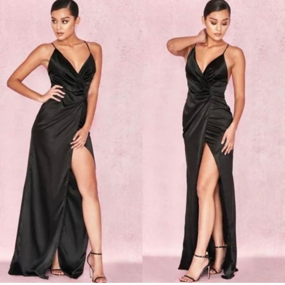 House of CB Black Satin Fairuz Maxi Slip Dress XS - Picture 2 of 6